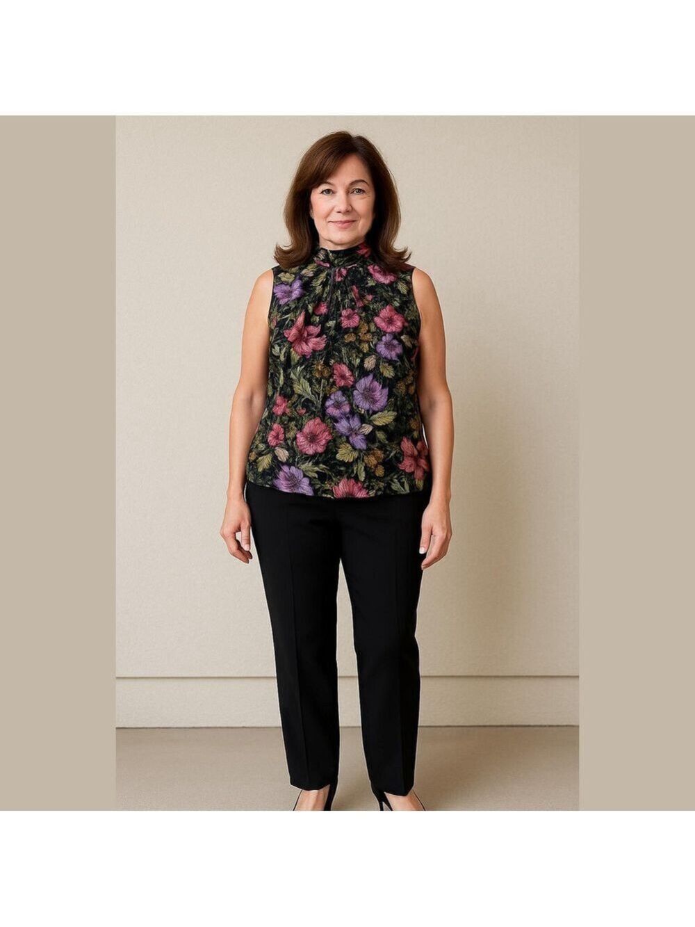 Dressbarn Floral Mock Neck Blouse Medium